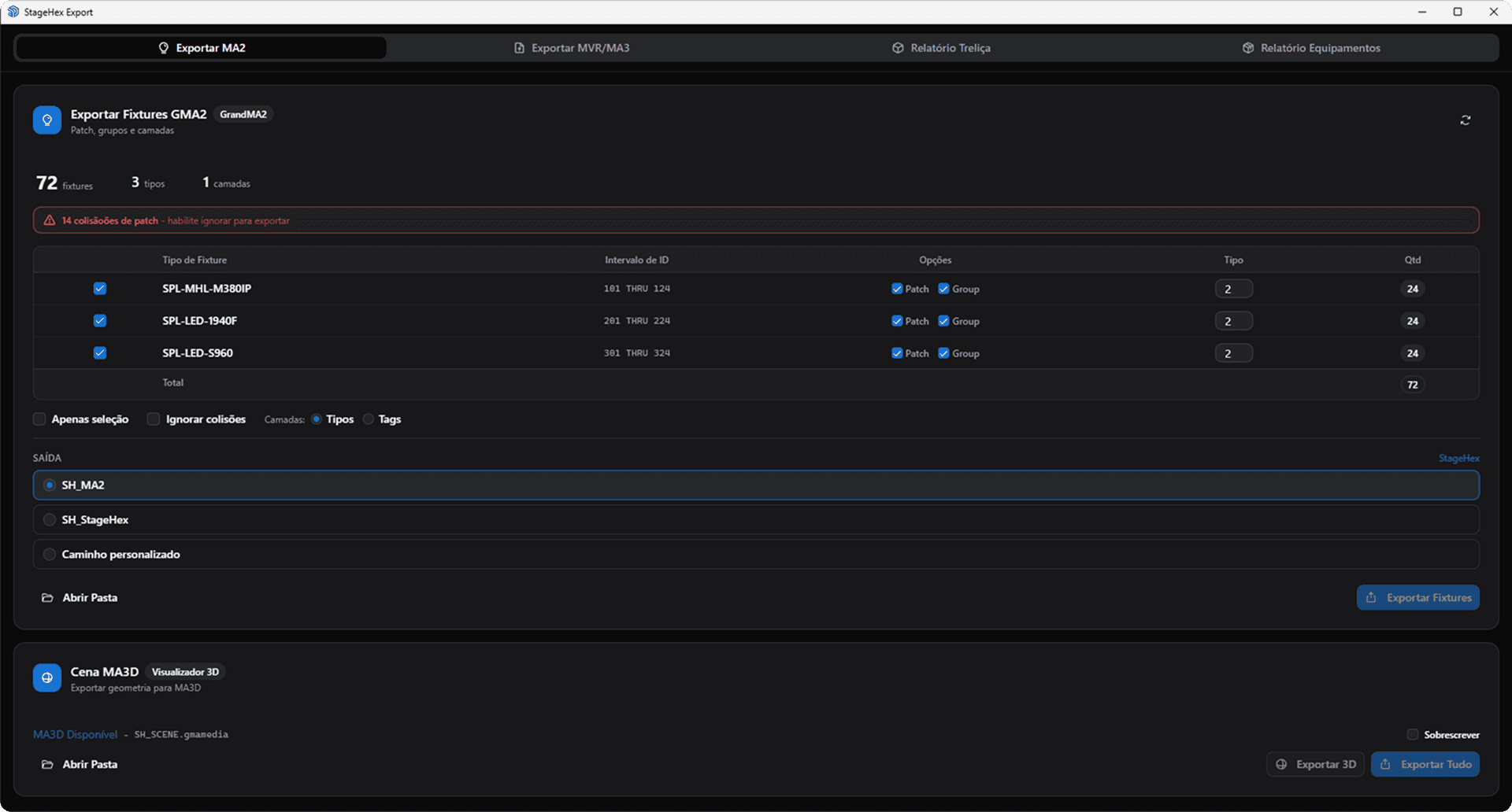 StageHex export dialog - Export to MA2, MVR and 3D formats
